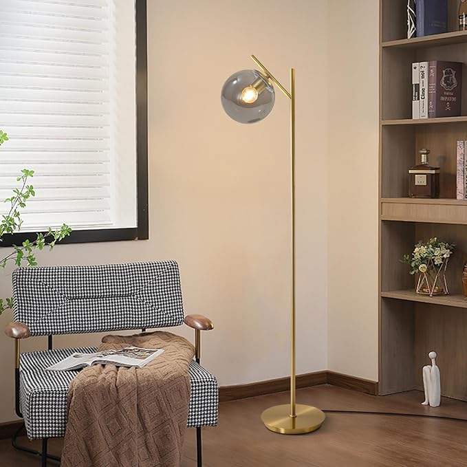 Farmhouse Floor Lamp Retro Smoky Gray Glass Standing Tall Lamps Vintage Brass Freestanding Floor Lamps Adjustable Globe Floor Lamp for Office Bedroom