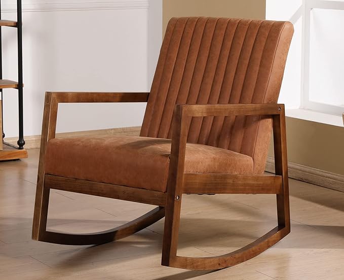 VESCASA Upholstered Faux Leather Rocking Chairs with Channel-Tufted Back, Mid-Century Modern Comfy Rockers with Black Walnut Wood Frame for Nursery Living Bedroom Indoor, Set of 2, Burnt Orange