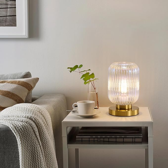Dimmable Colorful Glass Table Lamp: Mid Century Modern Nightstand Light With Stained Shade - Small Decorative Brass Desk Lamp - Ribbed Glass Bedside Tables Lamps for Bedroom Living Room Bulb Excluded