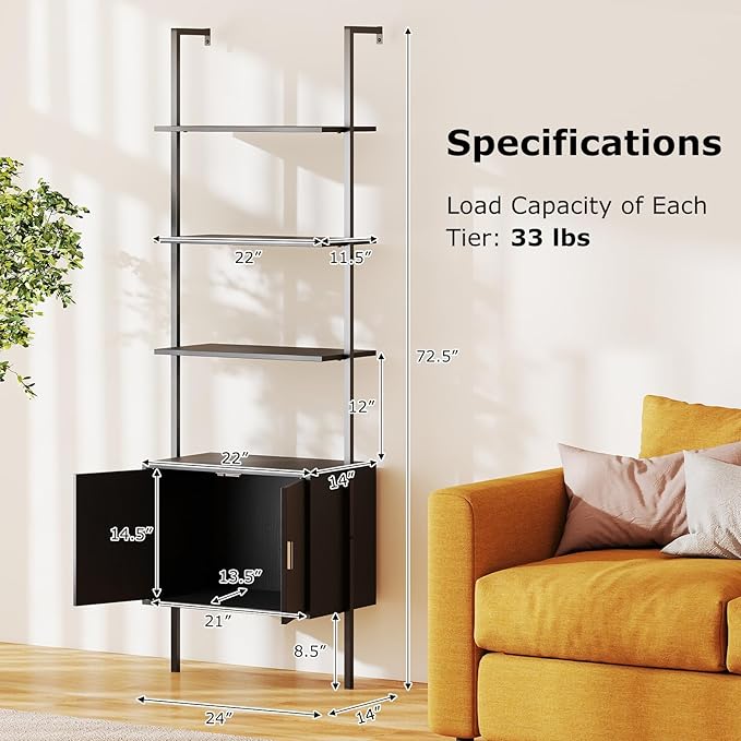 Giantex 72.5" Ladder Bookshelf with Cabinet Set of 2, 5-Tier Tall Wall-Mounted Shelf w/Storage, Modern Style Kitchen Open Shelving Organizer, Heavy-Duty Metal Frame Display Rack for Living Room,Black