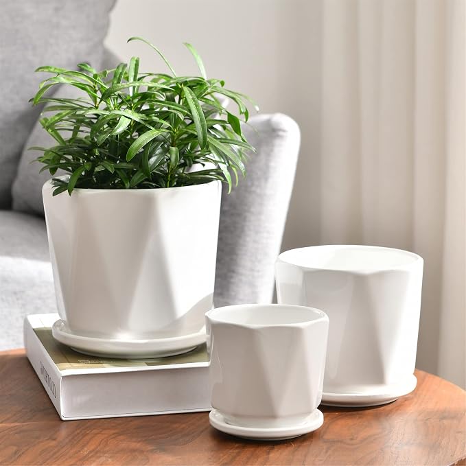 White Ceramic Planter, Plant Pots Indoor with Drainage, 6.5+5.5+4.5 Inch Octagon Modern Decor Flower Pots for Succulents and Cactus, Perfect for Desk, Window Sill, Living Room