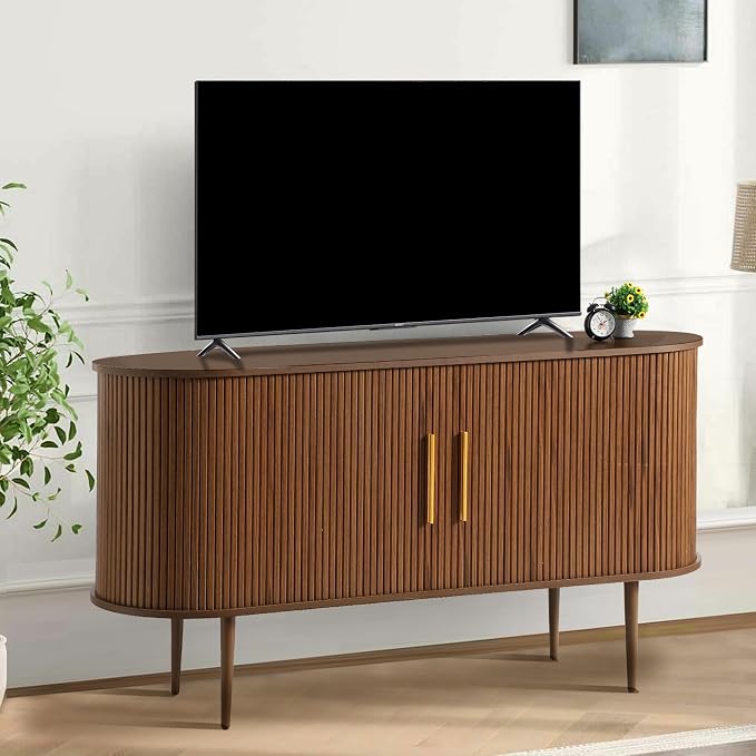 Grepatio 55" Sideboard Buffet Cabinet with Fluted Slide Doors, Tambour Storage Cabinet with Shelves, Modern Credenza Sideboard Buffet Console Cabinets for Living Room Hallway Entryway (Brown)