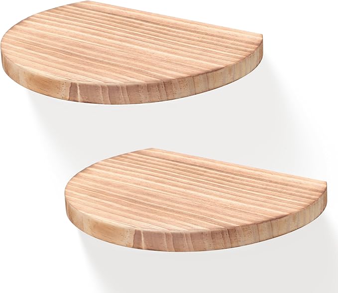 Small Wood Floating Shelves (2-Pack, 8-inch Diameter) - Round Sturdy Invisible Wall Mount Display for Small Plants,Toys,Bathroom,Living Room Storage & Modern Rustic Décor (Carbonized Brown)