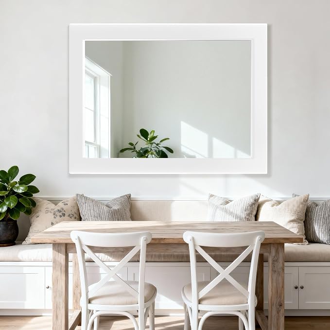 40''x30'' Rustic Wall Mirror for Bathroom White Wood Frame, Classic Rectangle Mirror Farmhouse Vanity Wall Mirror Decor Living Room, Bedroom, Entryway