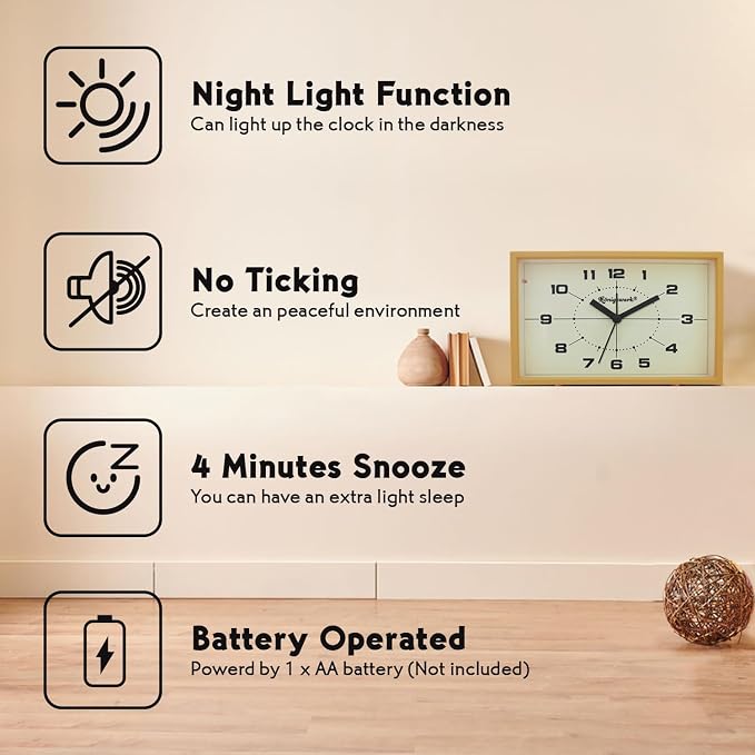 Analog Alarm Clock, 6 inch Silent Non Ticking Small Clock with Night Light, Battery Operated Simply Design for Bedroom, Bedside, Living Room, Room Decor, Desk, Table (Yellow)