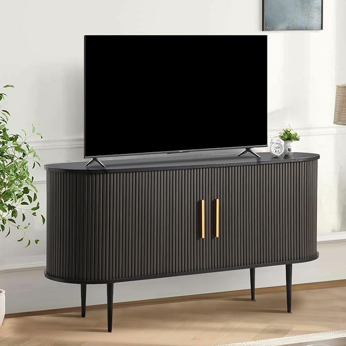 Grepatio 55" Sideboard Buffet Cabinet with Fluted Slide Doors, Tambour Storage Cabinet with Shelves, Modern Credenza Sideboard Buffet Console Cabinets for Living Room Hallway Entryway (Black)