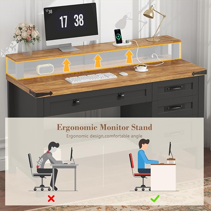 YOMILUVE Farmhouse Computer Desk with Drawers, 47" Small Computer Desk with Power Outlets, Home Office Desk with Monitor Stand & 4 Drawers, Writing Study Table, Brown and Black