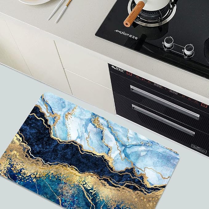 Diatomaceous Earth Bath Mat,Blue White Black and Gold Marble Non-Slip Volume Super Absorbent Fast Drying for Bathroom Kitchen Door mat,Eco-Friendly Easy to Clean 20×31Inch (50 * 80cm)