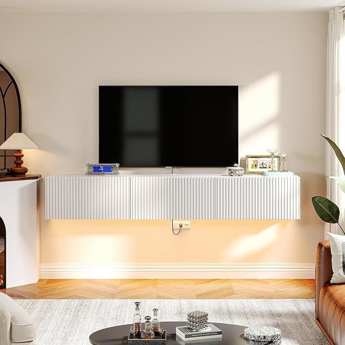 Slatted Floating TV Stand with 3 Doors,63IN Wall Mounted TV Cabinet,Floating Media Console Entertainment Center with Storage,Under TV Shelf for Bedroom Living Room,White