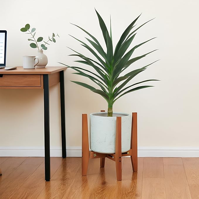 Wooden Adjustable Plant Stand, Mid Century Modern Metal Plant Holder for Indoor & Outdoor, Fits 8 to 15 Inch Planters, Heavy Duty Flower Pot Stand for Living Room, Corner, Patio (Brown,Pot & Plant Not Included)