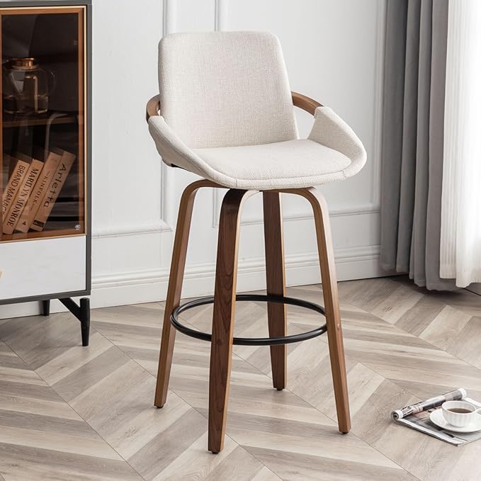 LUNLING 29.5" Bar Height Barstools Set of 2,Mid Century Modern Retro Bar Chairs Charcoal Beige Linen Look Fabric Upholstered and Walnut Wood Frame for Home Bar Furniture(Beige)
