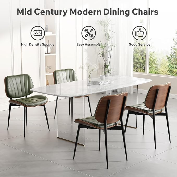 Dining Chairs Set of 6, Mid Century Modern Dining Room Chair, Upholstered Faux Leather Kitchen Chairs with Walnut Bentwood Back and Metal Legs for Kitchen Dining Room Living Room, Green