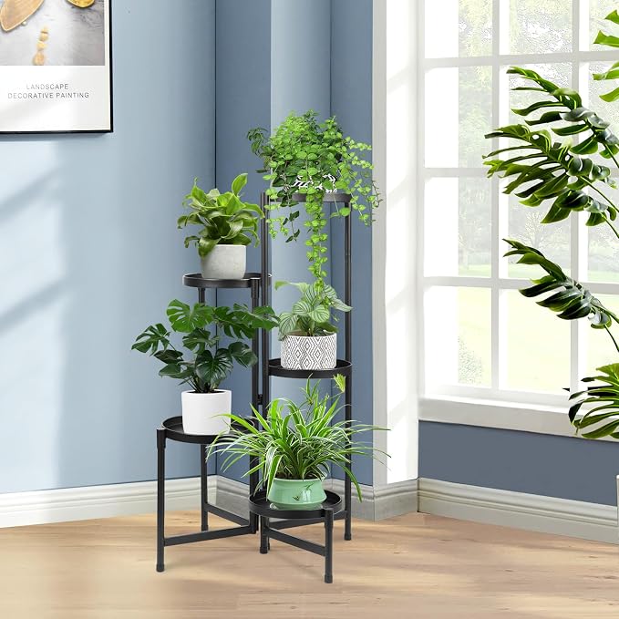 Plant Stand Indoor Outdoor 5 Tier Metal Plant Stand, Foldable Corner Plant Shelf Multi Tiered Flower Pot Holder Display Rack, Heavy Duty Multiple Plant Holder for Patio Living Room Balcony Garden, Black