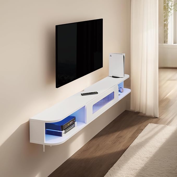 Floating TV Stand with LED Lights, 71'' Solid Wood Wall Mounted TV Cabinet with Glass Door, Mid-Century Entertainment Media Console Center Large Storage Shelf Under TV (70.86IN, White)