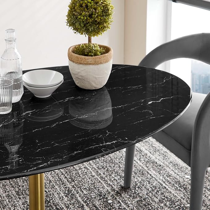 Modway Lippa Oval 54" Artificial Marble Mid-Century Modern Dining Table, Gold Black
