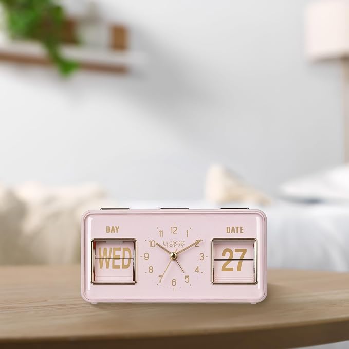 La Crosse Clock 636-379P Daily Flip Pink Tabletop Alarm Clock with Calendar