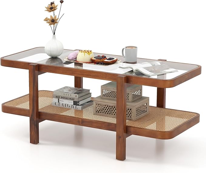 Giantex Rattan Coffee Table, 47.5" Rectangle Solid Wood Tea Table w/Tempered Glass Tabletop, Rattan Storage Shelf, 2-Tier Boho Coffee Tables, Farmhouse Center Table for Living Room (Brown)