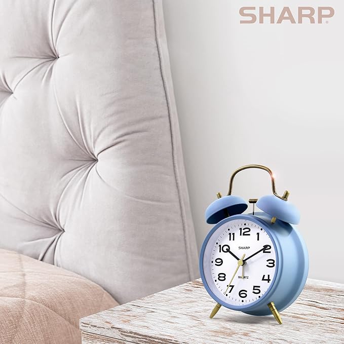 Sharp Twin Bell Alarm Clock, Loud Alarm Great for Heavy Sleepers - Stylish Matte Finish with Rustic Bronze Accents, Battery Operated (Matte Cornflower Blue)