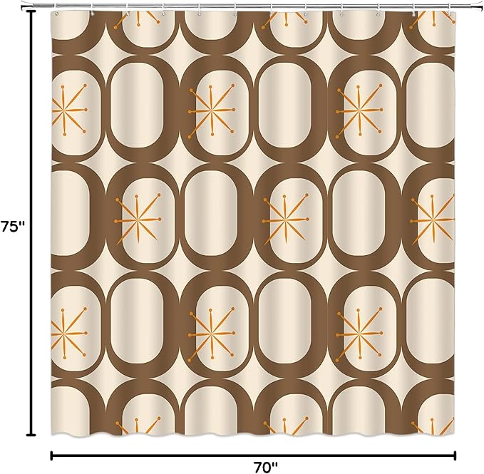 Mid Century Modern Extra Long Shower Curtain Abstract Atomic Geometric Round Squares Retro 50s Brown Fabic with Hooks for Bathroom Decor,70x75 Inch