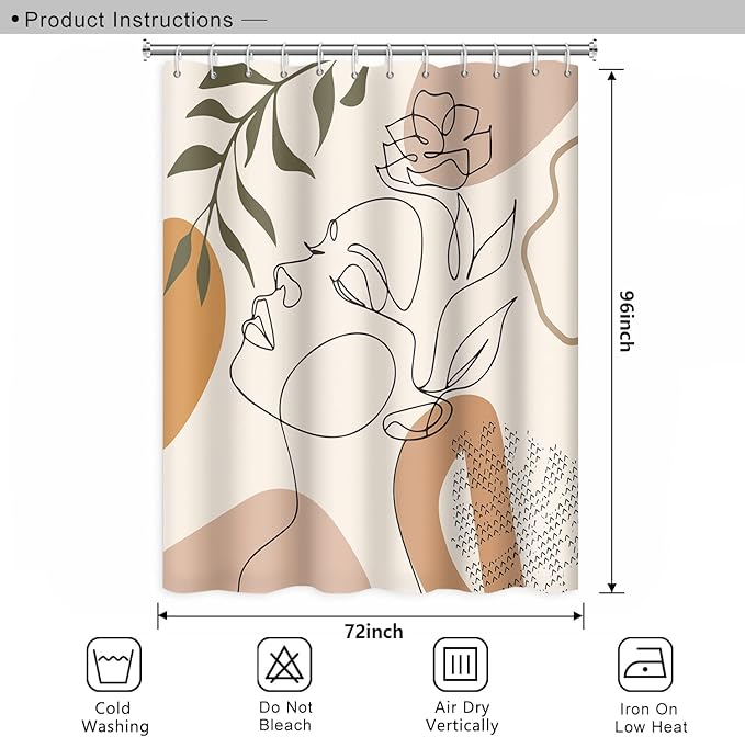 Abstract Woman Face Bathroom Shower Curtain - Mid Century Boho Modern Geometric With Hooks, Polyester Waterproof Fabric, Minimalist Art Line Aesthetic, 72x96 Inch