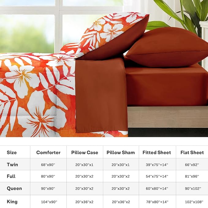 Nesker 7 Pcs Comforter Set King Size, Red Hibiscus Hawaiian Bedding Set for Kids and Adults, Flower Surf Floral Bed Sheet Sets with Fitted Sheet 2 Pillowcases & 2 Shams