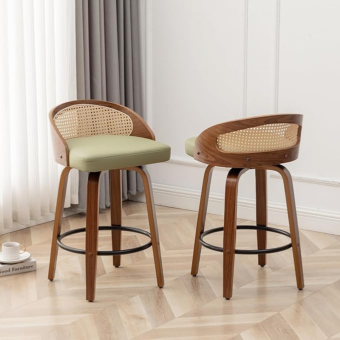 26" Swivel Rattan Bar Stools Set of 2,Mid-Century Modern Green Faux Leather Upholstered Counter Height Stools,Kitchen Island Barstools with Rattan Low Backrest,Walnut Wood Finish Bar Chairs