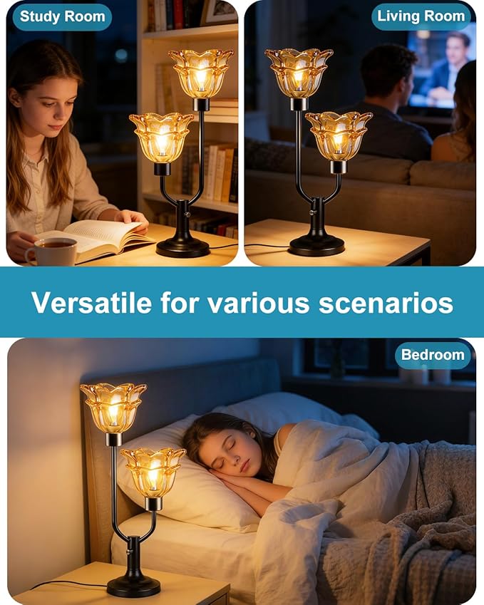 Lightdot Mid Century Modern Flower Table Lamp for Living Room Dimmable Nightstand Lamp Amber Glass Vintage Black Desk Lamp 2 Bulbs Included Warmwhite Ambient Bedside Lamp for Bedroom Home Office Decor
