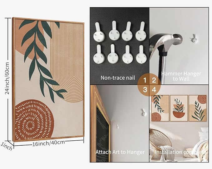 Rantodecor Large Boho Framed Canvas Wall Art Set of 3, Mid Century Modern Wall Decor, Bohemian Beige Geometric Line Art Paintings, Neutral Sage Green Leaf for Bedroom Living Room Office Home 16"x24"