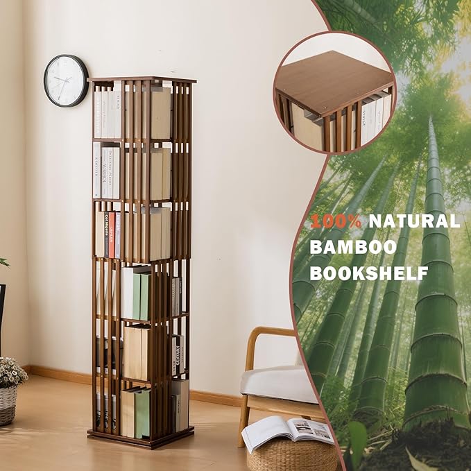 Bamboo Rotating Bookshelf Tower, 360° Spinning Bookcase, 6-Tier Narrow Floor Standing Storage Rack for Corner, Office, Room (Walnut)
