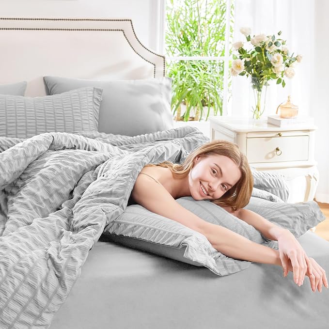 CozyLux Twin XL Comforter Set Light Grey, 5 Pieces Seersucker Twin Extra Long Bed in a Bag, College Dorm Down Alternative Bedding Set with Comforter, Sheets, Pillowcase & Sham, Back to School Gift