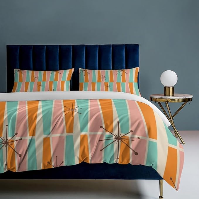 Modern Mid Century Duvet Cover Queen Retro Atomic Bedding Set, Rainbow Grid Comforter Cover Vintage Fifties 1950s Bed Set,Abstract Art Bedding 3 Piece (1 Duvet Cover 102"x90" + 2 Pillow Sham 20"x30")