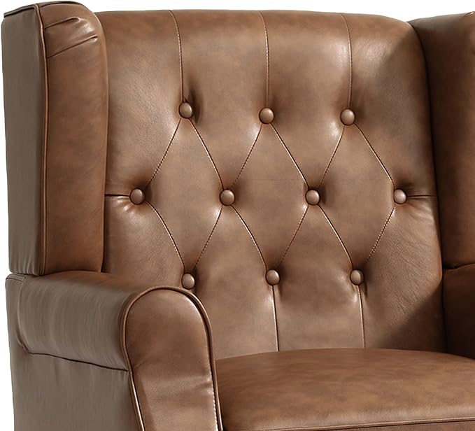 Faux Leather High Back Accent Chairs Set of 2, Leather Upholstered Armchair Wingback Chair for Living Room, Comfy Single Sofa Bedroom Reading Seat with Solid Wood Legs, Brown