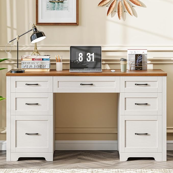 Vabches Farmhouse 61'' Executive Desk with 7 Drawers, Rustic Office Desk Computer Table with File Drawers, Wood Workstation for Home Office and Study,Unique White
