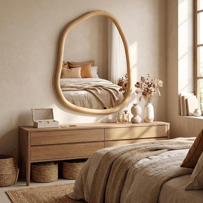 Vercraft 32 x 24 Inch Irregular Asymmetrical Wall Mirror with Solid Wood Frame, Boho Decorative Mirrors for Bedroom Living Room Entryway Hall