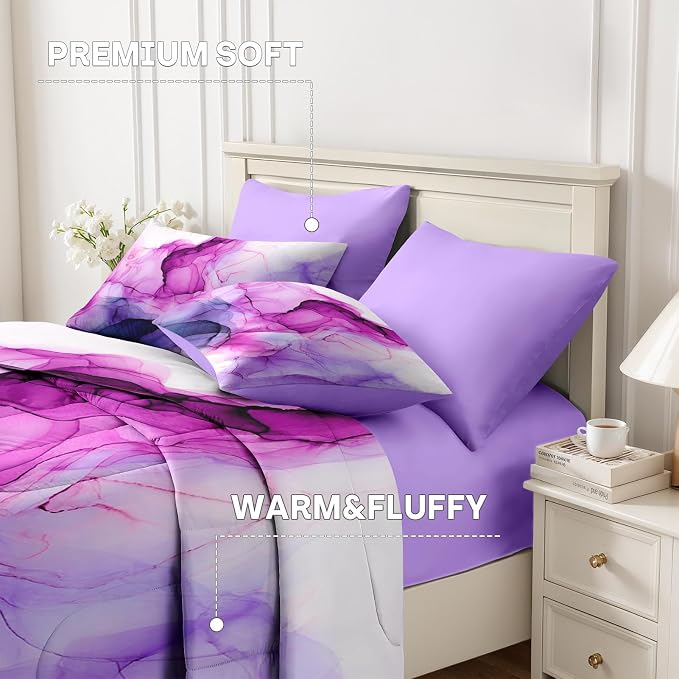 7Pcs Comforter Set King Size, Blue Purple Lavender Marble, Bedding Decor Pink Watercolor Smoke Abstract Shapes Bedroom Bed Set Flat Sheet Fitted Sheet Pillowcases Shams for Kids Adults
