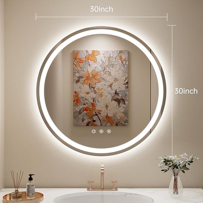 LOVESPEJO 30" Round LED Bathroom Mirror with Lights, Circle LED Mirror for Bathroom, Fogless, Dimmable, 3 Colors Changing, IP54, Shatter-Proof