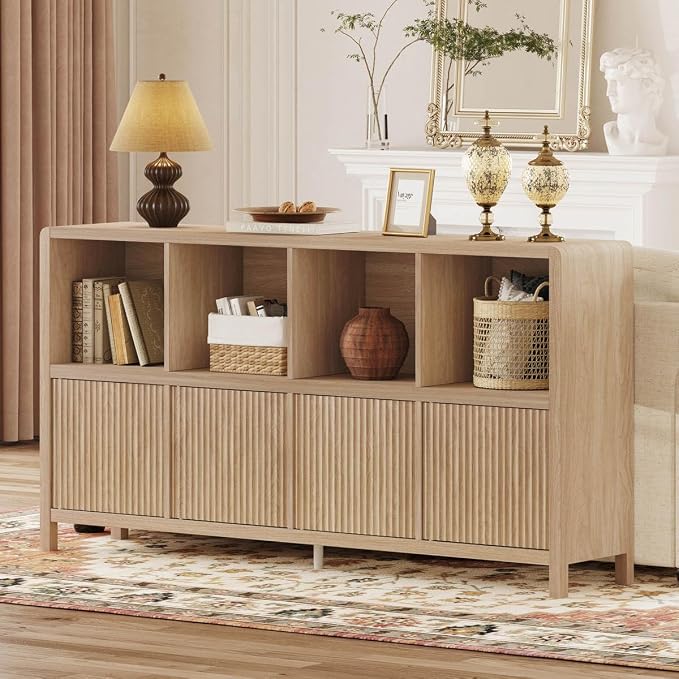 FATORRI 8 Cube Bookshelf with 4 Doors, Modern Mid Century Wood Book Shelf with Storage, Low Horizontal Cubby Bookcase for Home Office (Light Walnut)