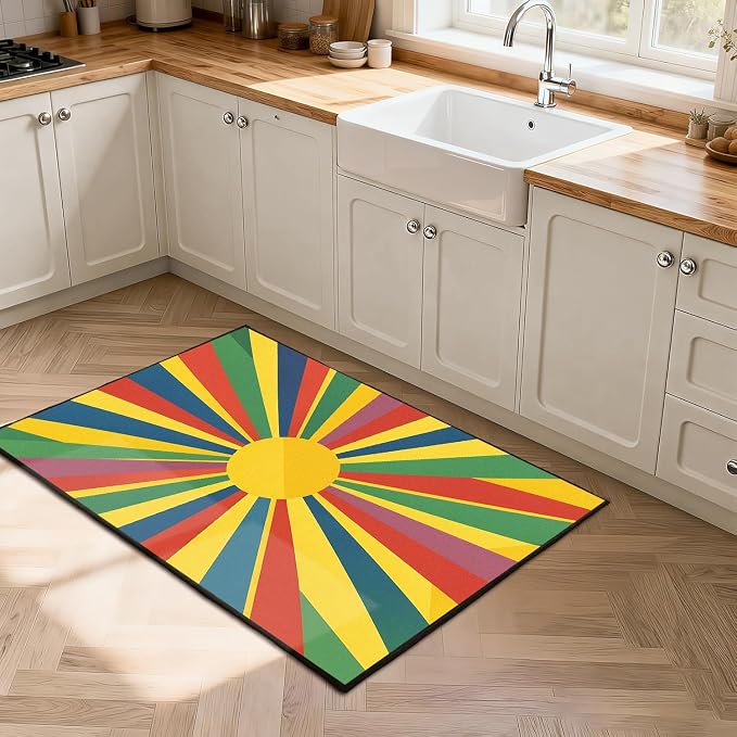 Rainbow Sunburst Area Rug Colorful Geometric Sun Carpet Soft Non-Slip Washable Floor Mat for Bedroom Living Room Nursery Playroom Classroom Home Decor,6'x9'