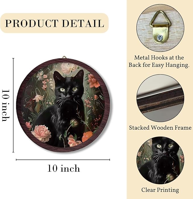 TFKFJLF Moody Black Cat Framed Wall Art Decor, Floral Gothic Wooden Wall Art Prints Artwork, Vintage Decoration, Cottagecore Hanging Room Door Decor for Cat Lovers Bedroom Living Room, 10x10 Inch