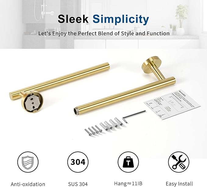 Brushed Gold Towel Bar, 18 Inch Towel Racks for Bathroom Wall Mounted, Thicken SUS304 Stainless Steel Heavy Duty Hand Towel Holder Organizer, Bathroom Accessories, Total Length 20.5 Inch