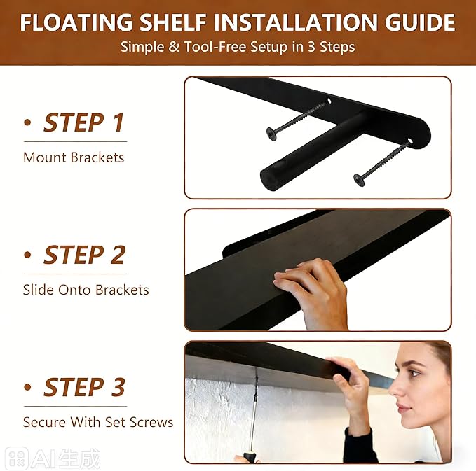 IEO Long Wooden Floating Shelves for Room Wall, Natural Wood Floating Shelves Wall Mounted Kitchen Shelf for Living Room, Bedroom, Kitchen,Bathroom, Storage (Black, 60in 1tier)