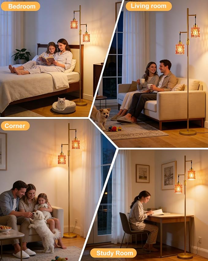 2-Light Glass Floor Lamp, 65IN Tall Standing Lamps Dimmable with Rose Red Glass Lampshade, 3000K Warmwhite Mid Century Modern Floor Lamp with 5Lbs Heavy Base for Living Room/Bedroom