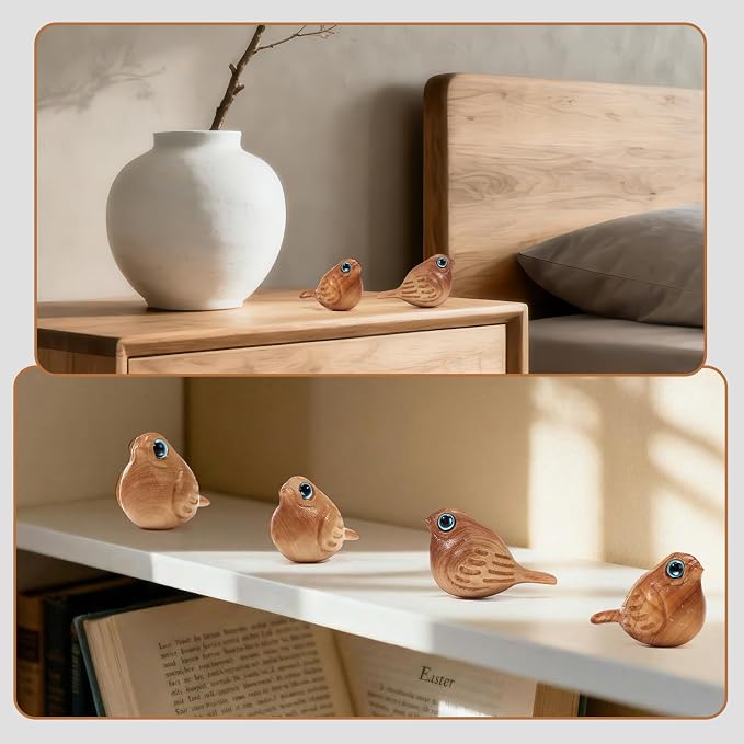 Yookeer 6 Pcs Wood Bird Statues Bulk Mini Creative Handcrafted Decorative Magpie Figurines Small Modern Bird Decor Each 2.05" x 1.1" x 1.06" for Home Bedroom Bathroom Office Desktop Decor