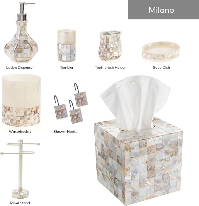 Milano Decorative Shower Curtain Hooks - Set of 12 Shower Curtain Rings for Bathroom Shower - Shower Hooks for Shower Curtain Finished in Modern Mother of Pearl