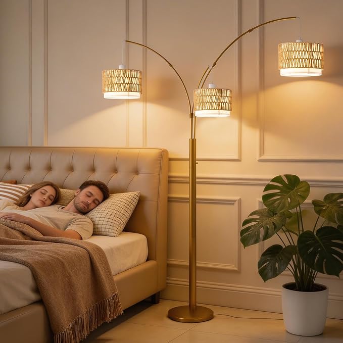 Gold Arc Floor Lamp for Living Room, Boho Floor Lamp with Stepless Dimmable Switch, Rattan Standing Lamp with Wicker&Fabric Shade, Mid Century Tall Lamp for Bedroom Over Couch Reading