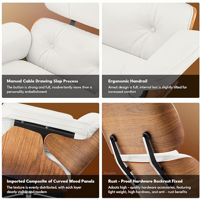 Mid Century Chaise Lounge Chair and Ottoman, Reading Chair, Leather Accent Chair, Modern Chair, Classic Design, Heavy Duty Base Support for Living Room Lounge Office (Walnut-White, Upgraded)