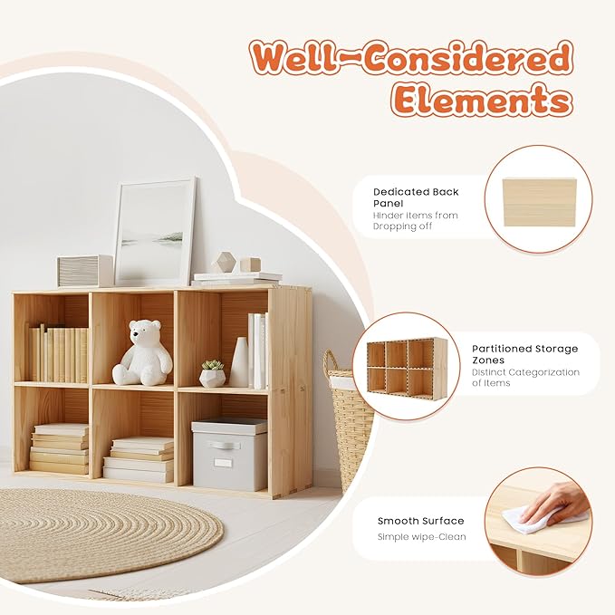 6 Cube Storage Shelf, 2-Tier Solid Wood Cube Storage Organizer, Vertical or Horizontal Floor Standing Open Bookcase for Bedroom, Study, Bookstore & Office