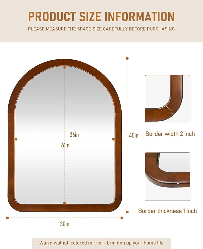 Arched Mirror 30 x 40 Inch,Walnut Brown Wood Rustic Bathroom Tempered Wall Mirror with Wood Frame,Round Corner Arch Farmhouse Wooden Vanity Mirror for Living Room,Entryway or Bedroom