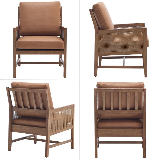 chairus Mid-Century Modern Accent Chairs Set of 2, Comfy Faux Leather Upholstered Armchairs with Cane Armrests & Slat Back, Solid Wood Rattan Reading Chairs for Living Room Bedroom Guest Room