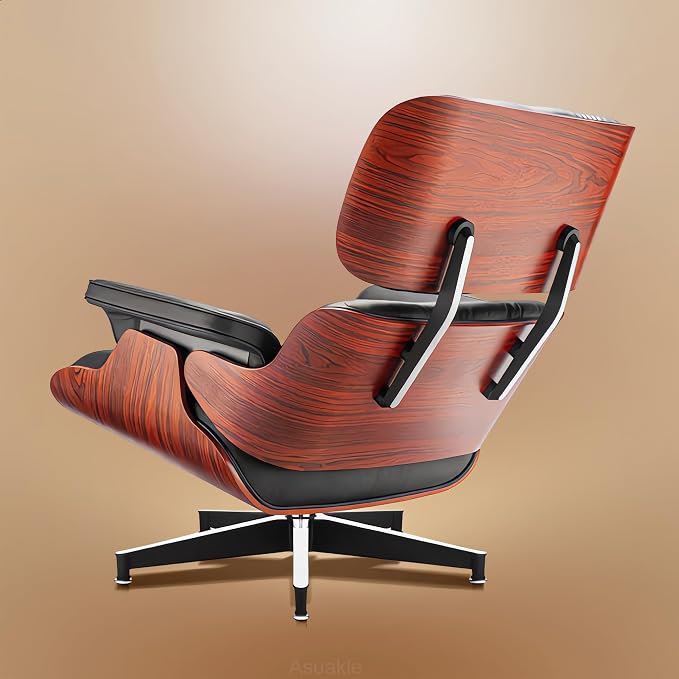 Top Black Grain Leather, Mid Century Chaise Lounge Chair and Ottoman, Modern Chair Classic Design, Heavy Duty Base Support for Living Room Study Lounge Office, Darkrosewood